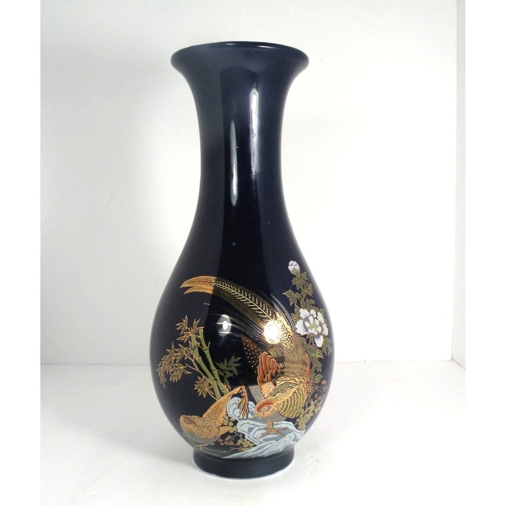 Vintage Cobalt Blue Japanese Porcelain Vase W/ Gold Pheasant With  Floral  Desig